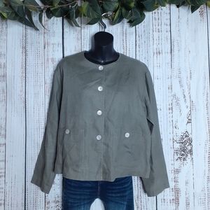 GETT olive green linen button up blazer jacket w/ shiny opal looking buttons